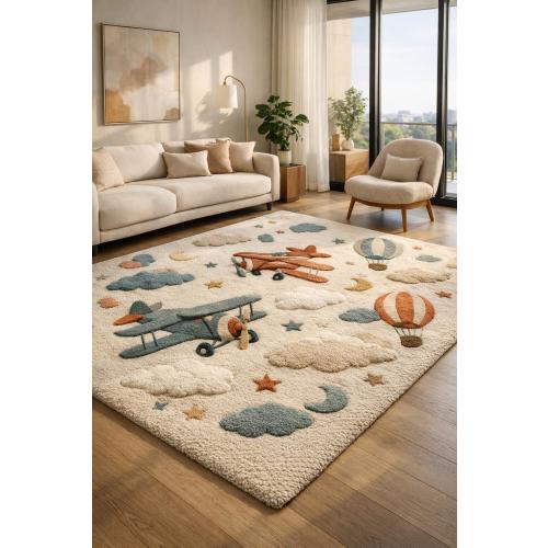 Vintage Aviation Kids Rug – Hand Tufted Wool Airplane & Hot Air Balloon Playroom Carpet in Soft Neutral Pastels