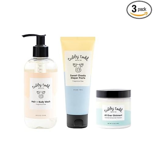 TUBBY TODD Baby Bundle Newborn Skin Care Set - Hypoallergenic Hair + Body Wash, All Over Ointment with Colloidal Oatmeal, Sweet Cheeks Diaper Paste - Fragrance Free, Standard Size