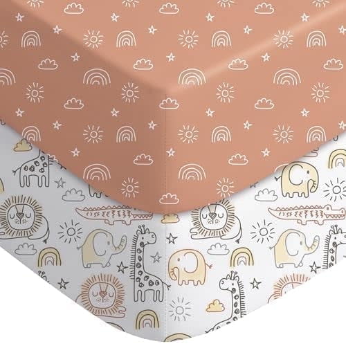 Yoofoss Baby Crib Sheets for Boys Girls, Fitted Crib Sheet 2 Pack for Standard Crib and Toddler Mattress, Super Soft Microfiber Baby Sheet 28x52x8in Animal World