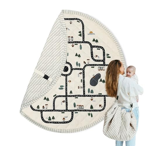 Blooom 2-in-1 Quilted Baby Play Mat & Storage Bag | Portable, Soft, and Convenient | Perfect for Travel & On-The-Go | Portable Play Mat for Baby & Toddler | Oekotex Cotton (City, 47 Inches)