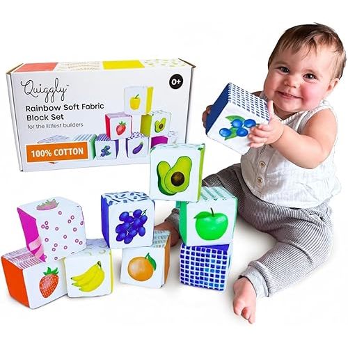 Quiggly Rainbow Soft Baby Blocks - 8 Colorful, Montessori Sensory Blocks for Babies & Toddlers- 100% Cotton, Non-Toxic Play Set with Rattle, Crinkle, Textures- Stacking Building Blocks for 3-12 Months
