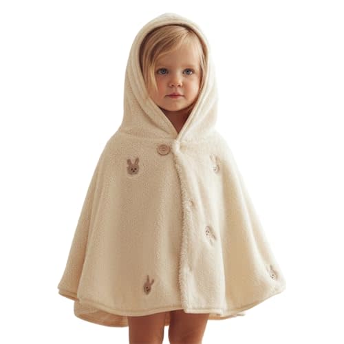 Kid Baby Sherpa Fleece Cloak Toddler Cute Embroidery Hooded Poncho Coat Cape Fuzzy Snowsuit Winter Warm Shawl