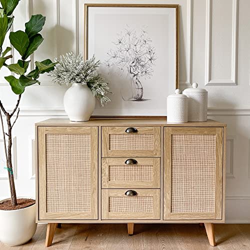 PHI VILLA Rattan Cabinet - Sideboard Buffet Accent Cabinet with Doors and Drawers, Rattan Console Table