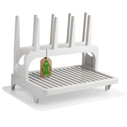 PopYum Seattle Gray Space Saving Drying Rack from 100% Recycled Bottles with Clear Frosted Silicone Drying Mat, countertop for Baby Bottle, Plastic Bags, Cups, Glass, tumblers, Compact