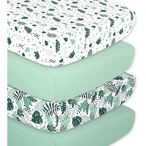 The Peanutshell Botanical Fitted Crib Sheet Set for Baby Boys or Girls, Unisex 4 Pack, Botanical Leaf & Pastel Green