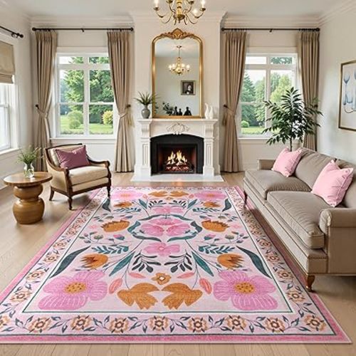 Washable Pink Floral Rug 8x10 Living Room, Soft Coquette Rugs for Bedroom Girls Non Slip, No Shedding Colorful Boho Carpet for Nursery Dorm Teen Kid Toddler (8x10ft,Pink)