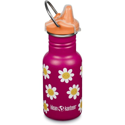 Klean Kanteen 12 oz Classic Kid's Sippy Bottle - For Little Hands - With Dust Cover & Attachable Loop - Durable, BPA-Free, Stainless Steel Material - Fits Interchangeable Caps - Happy Flowers