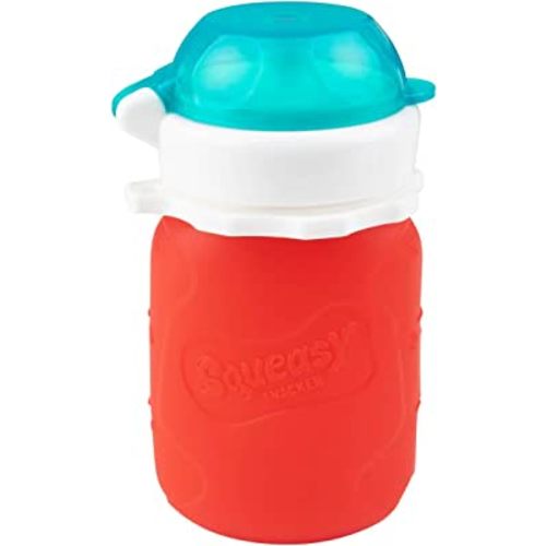 Red 3.5 oz Squeasy Snacker Spill Proof Silicone Reusable Food Pouch - for Both Soft Foods and Liquids - Water, Apple Sauce, Yogurt, Smoothies, Baby Food - Dishwasher Safe