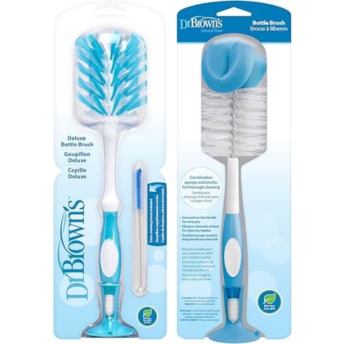Dr. Brown's Deluxe Baby Bottle Cleaning Brush with Vent Brush, Blue, 1-Pack + Reusable Sponge Baby Bottle Cleaning Brush, Blue, 2-Pack