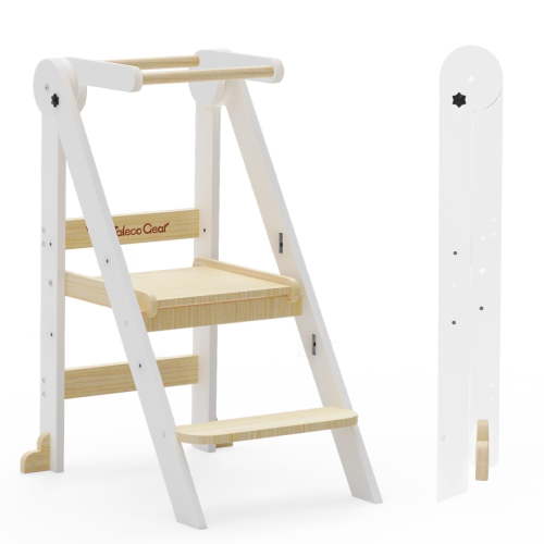 G TALECO GEAR Foldable Toddler Tower, Kitchen Kids Step Stool Helper, Standing Tower with 3 Adjustable Heights, White&Nature