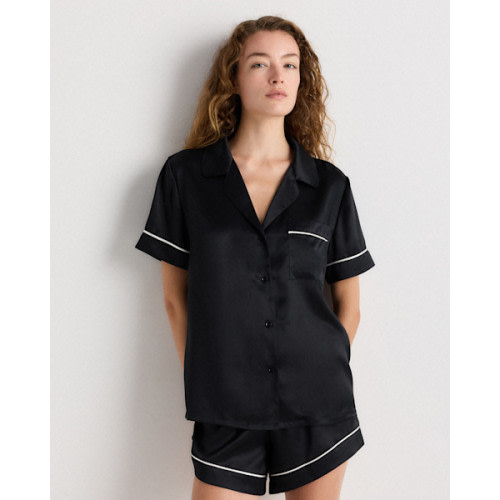 100% Washable Silk Satin Short Sleeve Pajama Top in Toasted Almond