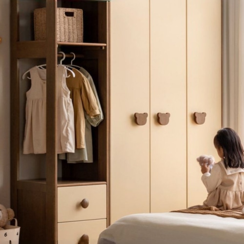 Solid RubberWood Kids Wardrobe Closet with Bear Handles and Storage Dr