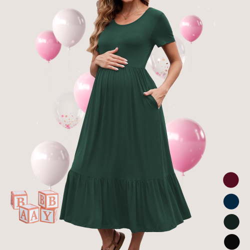 Beaisland Women’s Maternity Dress Short Sleeve Pleated Flowing Pregnancy Beach Dresses