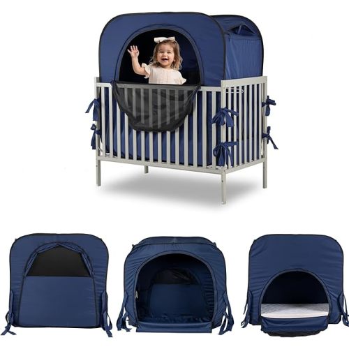 Poray Pop up Baby Privacy Bed Tent Sleeping Crib Tent Cover for Toddler,Blocks 80% Light with Monitor and Fan Pouch Design with Zipper Doors,Breathable Mesh Windows