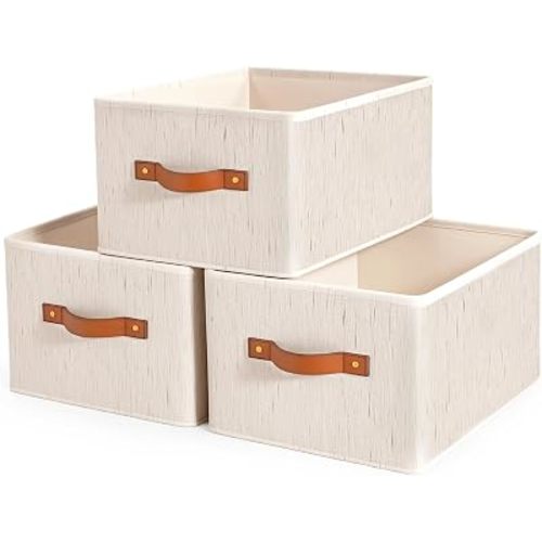 Storage Baskets with Handles, Foldable Cotton-Linen Fabric Closet Storage Bins for Shelves, Wardrobe & Closet Organization - Versatile for Clothes, Toys, and More, Lvory White, 3 Pack