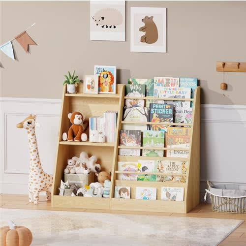 Lkeiyay Kids Bookshelf with Storage, Montessori Front Facing Bookcase | 5-tier baby bookshelf, Toy and Book Storage for Kids, suitable for toddler room or Nursery, Classroom