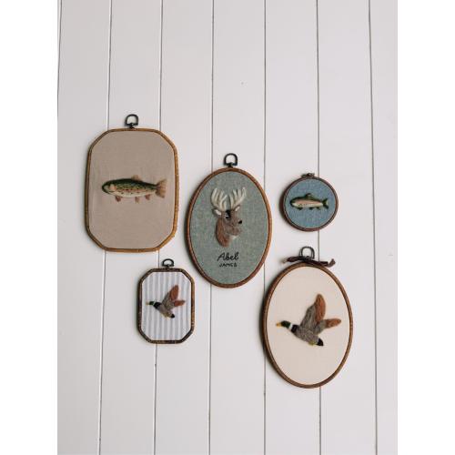 Needle Felt Woodland Wall Art Set, Hunting Nursery Decor, Deer Duck Fish Hoop Art, Rustic Boys Room Decor