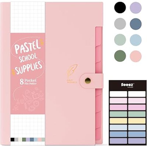 Sooez Aesthetic 8 Pocket Accordion File Organizer, Pastels Expanding File Folder for Important Document with Labels, Portable Receipt Bill Paper Organizer for Office School Supplies, Letter Size Pink