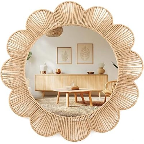 24 Inch Boho Scalloped Jute Wall Mirror Decorative Flower Round Wavy Mirror with Natural Jute Frame Rustic Farmhouse Boho Rattan Wicker Wall Decor for Bathroom Bedroom Office Entryway
