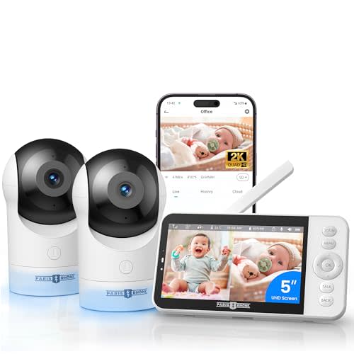 PARIS RHÔNE 2K Split-Screen Baby Monitor, 5” Smart Video Baby Monitor with 2 Cameras, Dual WiFi Cameras with App Control, Night Vision, Motion & Cry Alerts, Auto Tracking, RGB Night Light, Lullabies