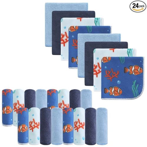 Baby Washcloths, 24Pack Baby Wash Cloths Extra Soft & Ultra Absorbent, Baby Towels and Washcloths Face Towels for Unisex Boys Girls Body, Washclothes Gentle on Sensitive Skin, 9x9 Fish