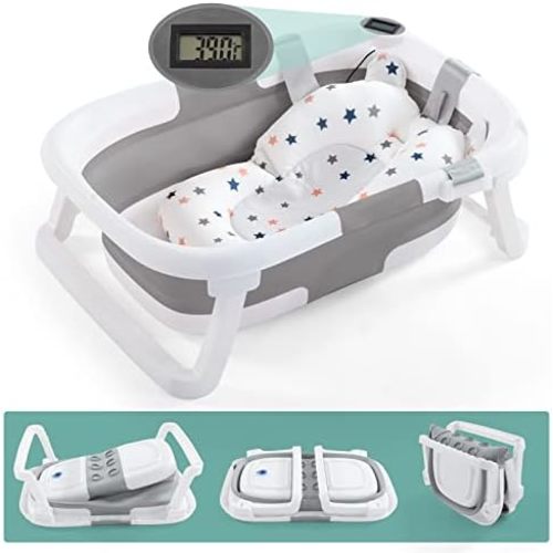 Baby BathTub, 4-in-1 Newborn to Toddler Tub with Temperature Sensor,Infant Waterproof Ear Cap and Soft Cushion included,Grey