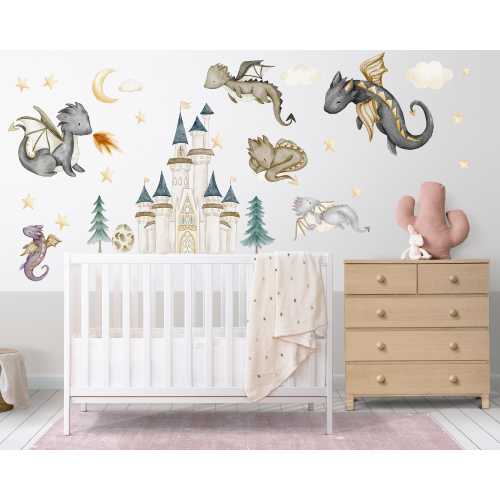 Watercolor Dragon Nursery Wall Decal: Castle Mural, Baby Room Decor