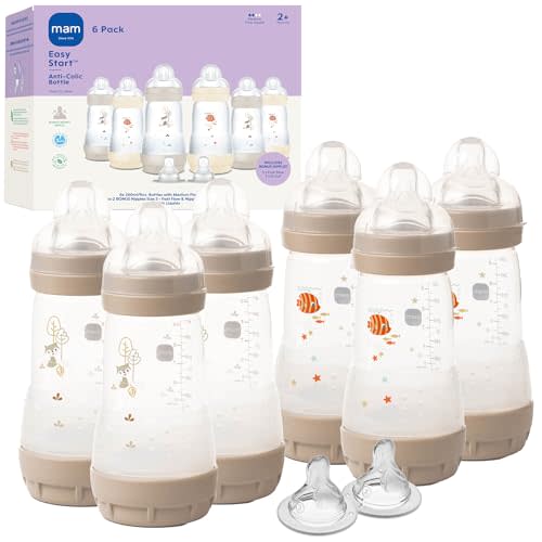 MAM 9oz Easy Start Anti-Colic Baby Bottles, Medium Flow with 2 Bonus Nipples Set (Fast & Extra Fast Flow), Reduces Colic, Gas, & Reflux, Easy-to-Clean, BPA-Free, 2+ Months, Made in Europe Pack of 6