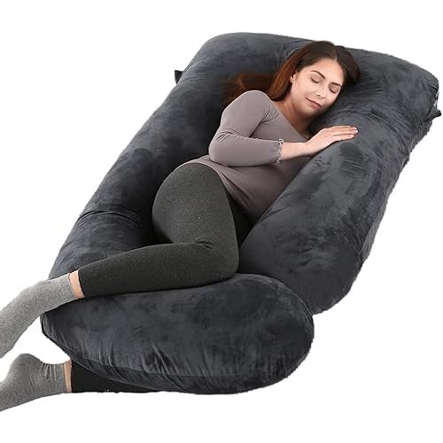 ALLOPERA Pregnancy Pillow, Full Body 57 Inch Maternity Pillow with Removable Washable Cover - Sleep Support for Legs, Back, Neck, Shoulder, HIPS, Belly for Pregnent Women, Black Grey Velvet Cover