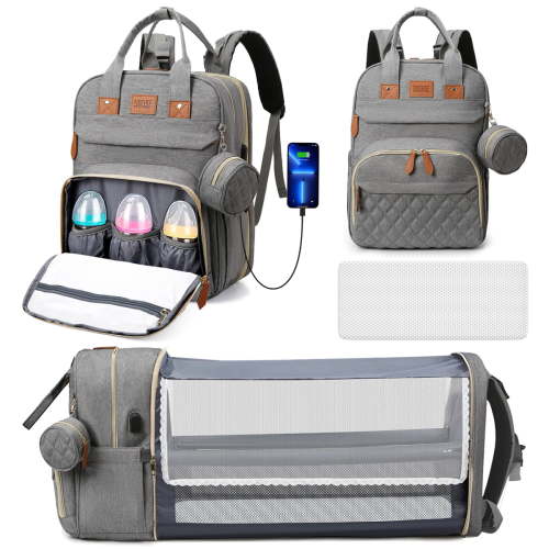 Diaper Bag Backpack, Multifunction Baby Bag with Changing Station&Foldable Crib, Large Capacity Waterproof Baby Diaper Bag w/ Stroller Straps&Insulated Pockets, Baby Registry Search Shower Gifts(Gray)