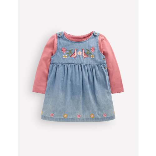 Embroidered Pinny Dress Set-Embroidered Chambray