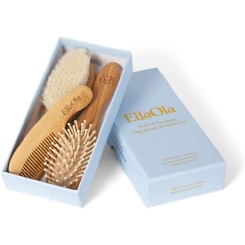 ELLAOLA Natural Bamboo Hair Brush & Comb Set, 3 Piece - Cradle Cap Brush, Massage Hair Brush, Bamboo Comb for Toddlers, Newborns & Infants I Baby Registry Gift