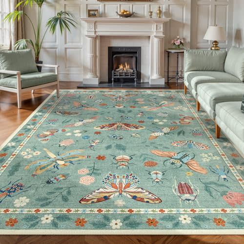 Lahome Insect 8x10 Area Rugs, Soft Washable Rugs 8x10 Living Room Green Rugs for Bedroom Dining Room, Ultra-Thin Modern Rug Stain Resistant Large Carpet for Nursery Vionnet(8'x10',Green)