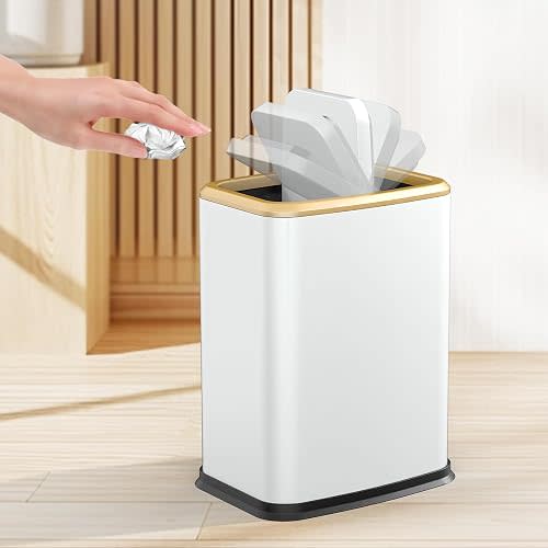 2.1 Gal Slim Bathroom Trash Can with Swing Lid, Rustproof Stainless Steel Small Garbage Can for Narrow Spaces & Toilet Side, Dog Proof Odor Control Waste Basket for Bedroom/Office, White