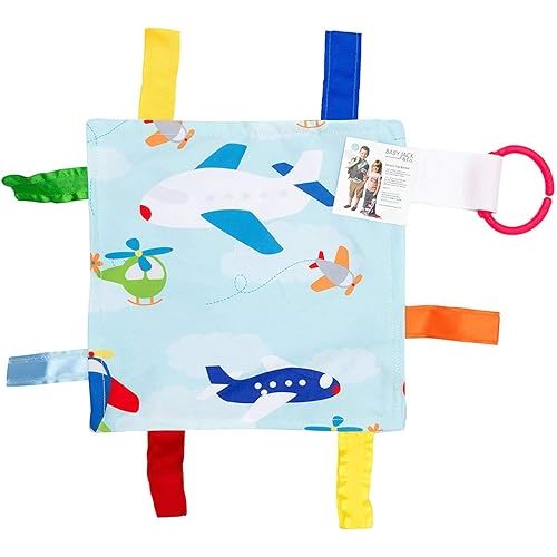 Baby Sensory Crinkle & Teething Square Lovey Toy with Closed Ribbon Tags for Increased Stimulation: 8"X8" (Airplanes)