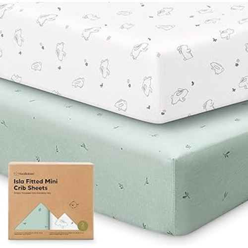 Pack and Play Sheets Fitted - 2-Pack Mini Crib Sheets for Pack N Play Mattress 38x26, Soft & Cozy, Neutral Toddler Playard Bedding, Snug Fitted Mini Baby Crib Mattress Cover Boy, Girl (Bunnies)