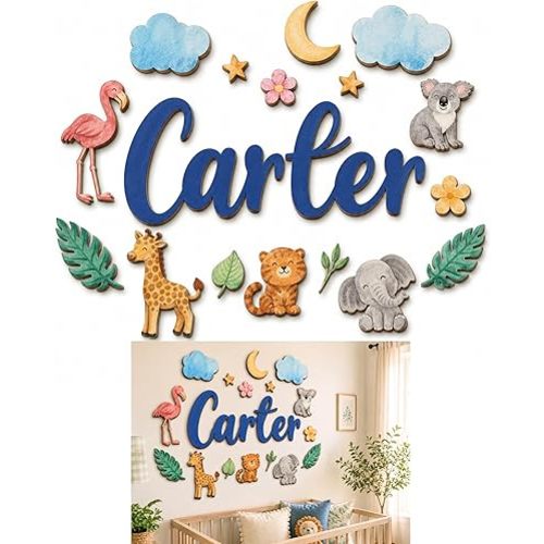 Custom Nursery Name Sign with Themed Decor Kit, Personalized 3D Wooden Wall Art for Baby Room & Kids Bedroom, Space, Jungle, Circus, Ocean, Woodland, Rainbow Themes (Jungle: Wild One, 60")