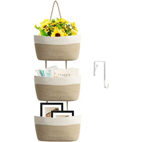 TeoKJ Over the Door Hanging Basket, 3-Tier Woven Cotton Wall-Mounted Storage Organizer Bag Decorative Hanging Nursery Baskets, White & Jute