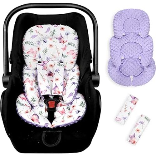 Pea Pod Infant Car Seat Insert with Strap Covers, All in One Reversible Baby Car Seat Head Support for Newborn, 3D Soft Minky Carseat Cushion for Preemie to Infant, Stroller, Swing, Bouncer, Butterfly