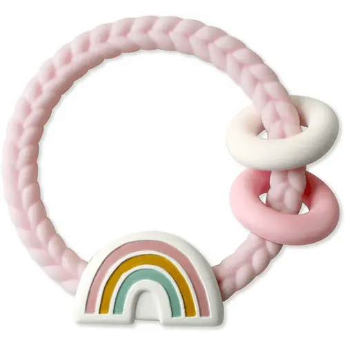 Itzy Ritzy Silicone Teether with Rattle; Rattle Teether Features Rattling Sound, Two Silicone Teething Rings and Raised Texture to Soothe Gums; Ages 3 Months and Up (Pink Rainbow)