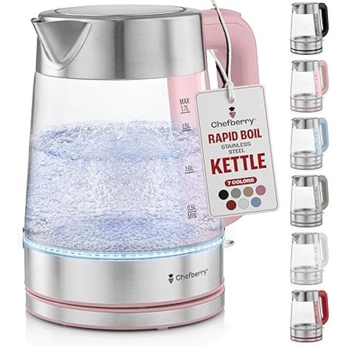 Electric Kettle for Boiling Hot Tea & Water | 1.7L Stainless Steel Borosilicate Glass Boiler With No Plastic, Automatic Shutoff, BPA Free, Fast Heating Technology (Pink)