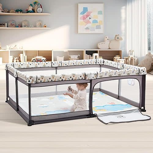 Baby Playpen with a Mat, 71"x59" Large PlayPen for Babies and Toddlers, Outdoor Play Yard for Baby Activity Center, Sturdy Safety Fence with Breathable Mesh and Anti-Slip Base
