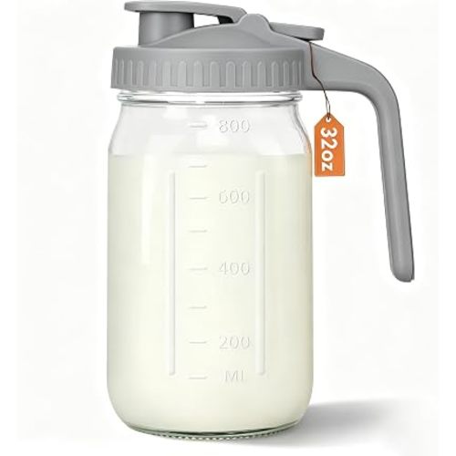 Mason Jar Pitcher, 32 oz Glass Milk Pitcher, Wide Mouth & Leakproof Glass Pitcher with Lid for milk, Sun Tea, Juice, Cold Brew Coffee and Drinks (Gray)