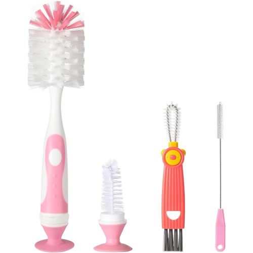 4-in-1 Baby Bottle Brush Set, Including Nylon Bottle Brush, Cap, Straw, Nipple Brushes, BPA-Free (Pink)
