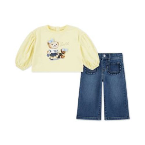 Baby Girls Bear Graphic Top and Wide-Leg Jeans, 2 Piece Set