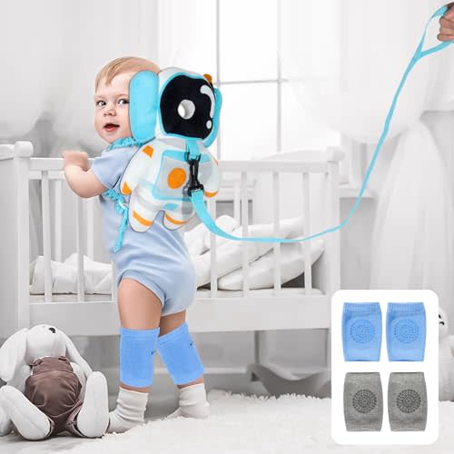 Baby Backpack Walker Protection, Toddler Head Protector Backpack Adjustable 270° Three-Sided Protection Breathable Design with Knee Pads & Safety Rope, 6-12 Month Baby(Astronaut)
