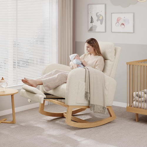 High Back Soft Fleece Rocking Armchair - Supportive Seat with Pillow & Side Pockets for Bedroom Nursery