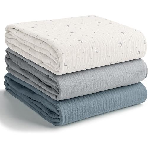 Comfy Cubs Muslin Swaddle Blankets Pack of 3 - Star Pattern, Pacific Blue, Heather