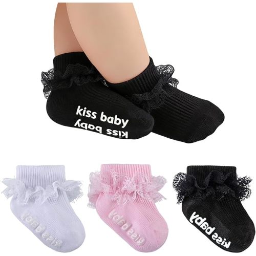 Baby Girl Ruffle Socks with Grips Turn Cuff Ankle Lace Frilly Dress Socks for Newborn/Infant/Toddler/Little Kids