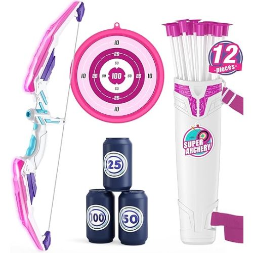 Bow and Arrow for Kids, LED Light Up Archery Set with 12 Suction Cup Arrows, 1 Hanging Target, 3 Score Targets & 1 Quiver, Indoor Outdoor Sport for Boys Girls Ages 4-12, Purple